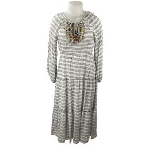 Skemo White Abstract Beaded Tie Neck Long Sleeve Tiered Midi A-line Dress Size M